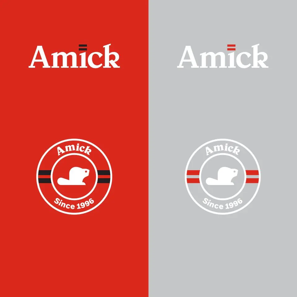 Amick logo with a red background on the right and Amick logo on the left with a grey background