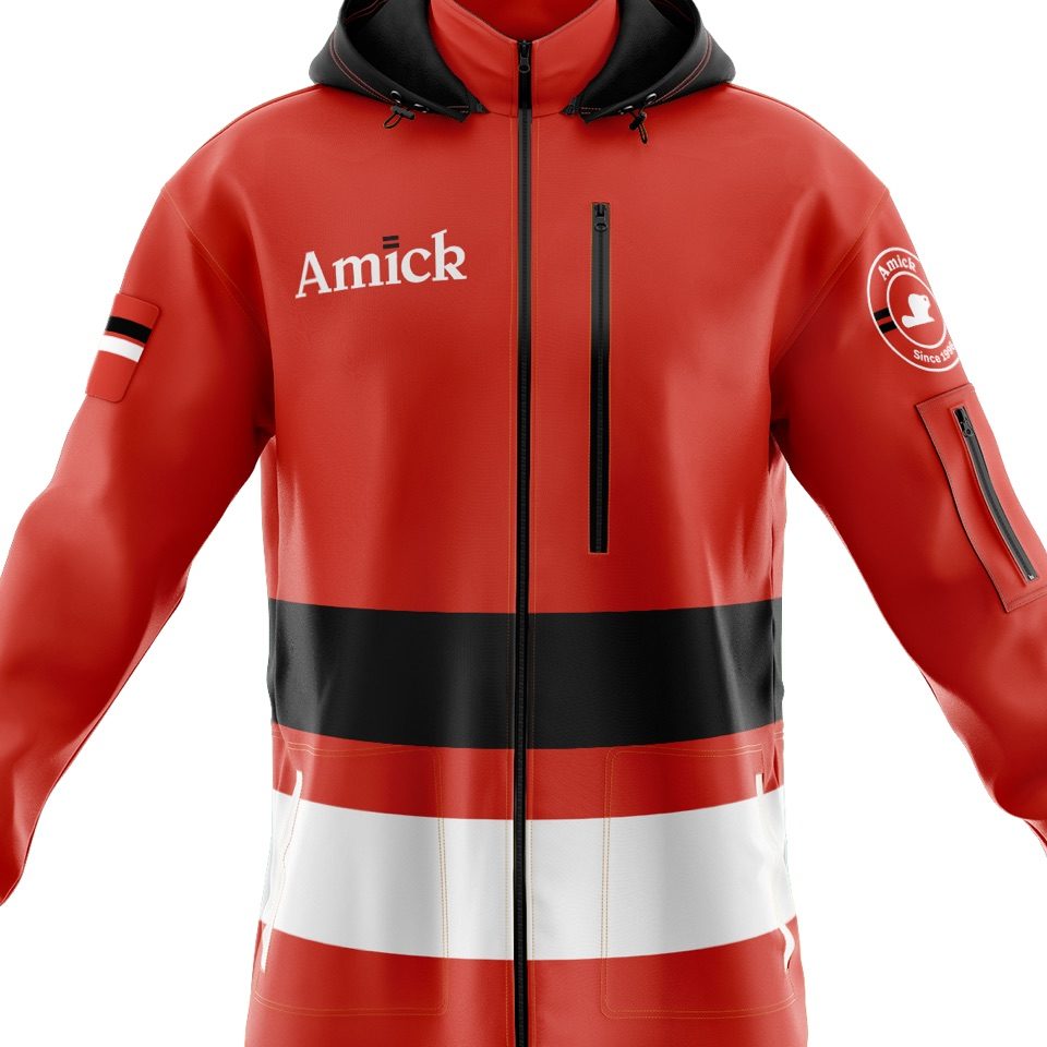 Amick logo on a red jacket with white and black accents
