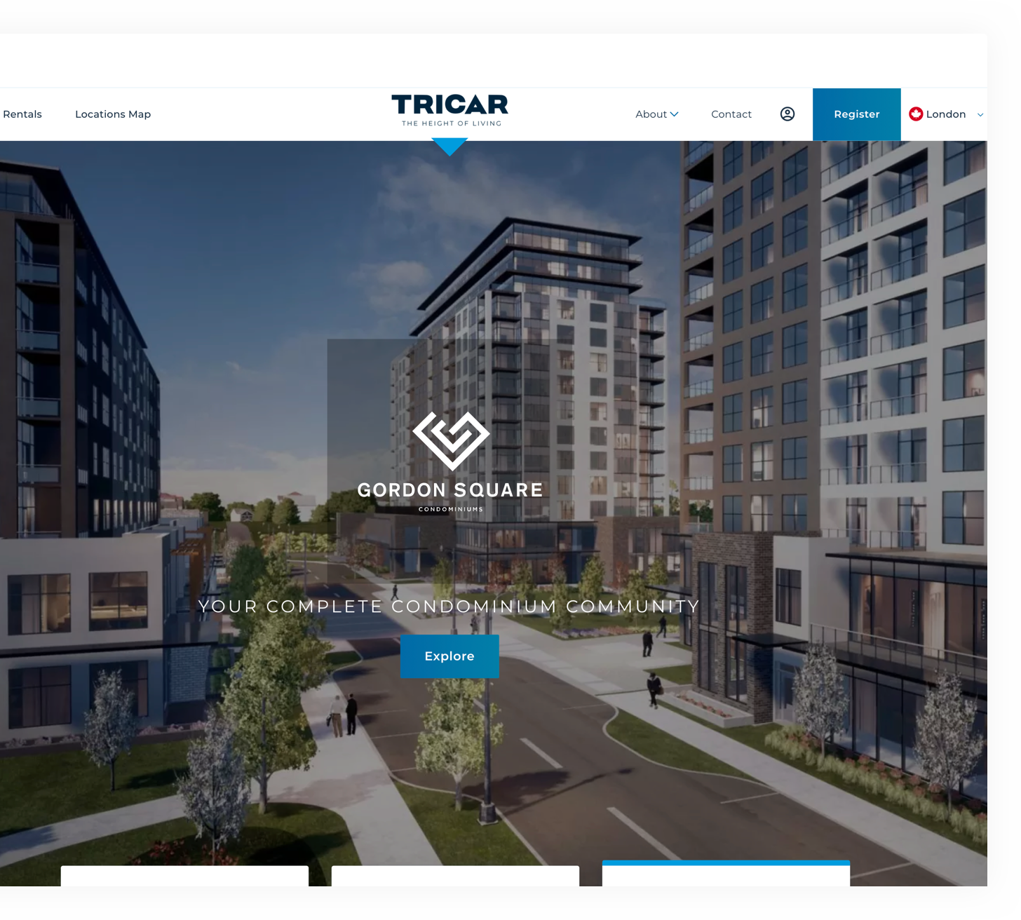 Tricar home page loaded on a desktop web browser, showing apartment buildings on a street view