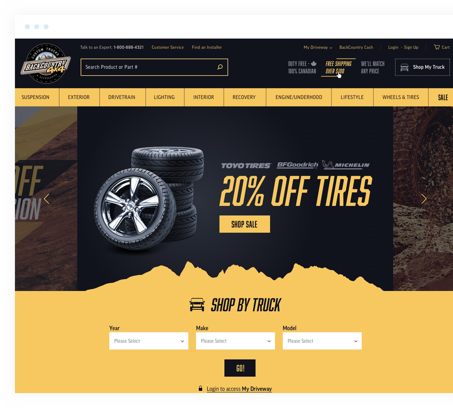 Back Country main page loaded, with the 20% off tires promo visible