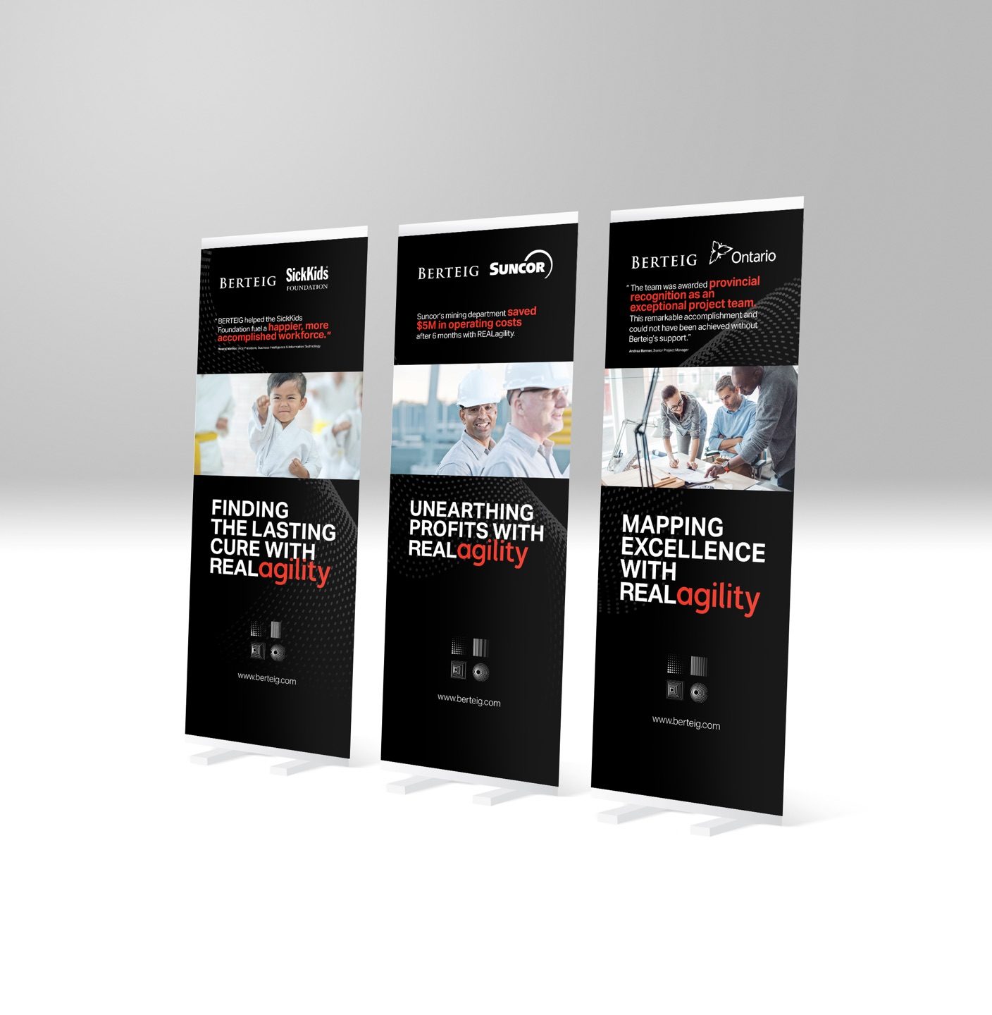 Three Berteig Pull-Up Stand-Up Banners