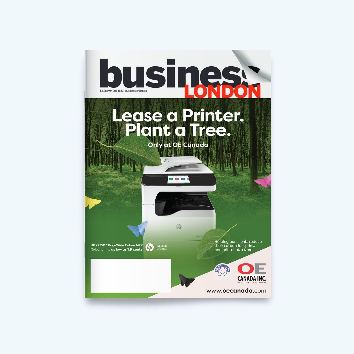Business London Magazine with the front cover showing an OE Canada Advertisement with an industrial printer with a scenic background