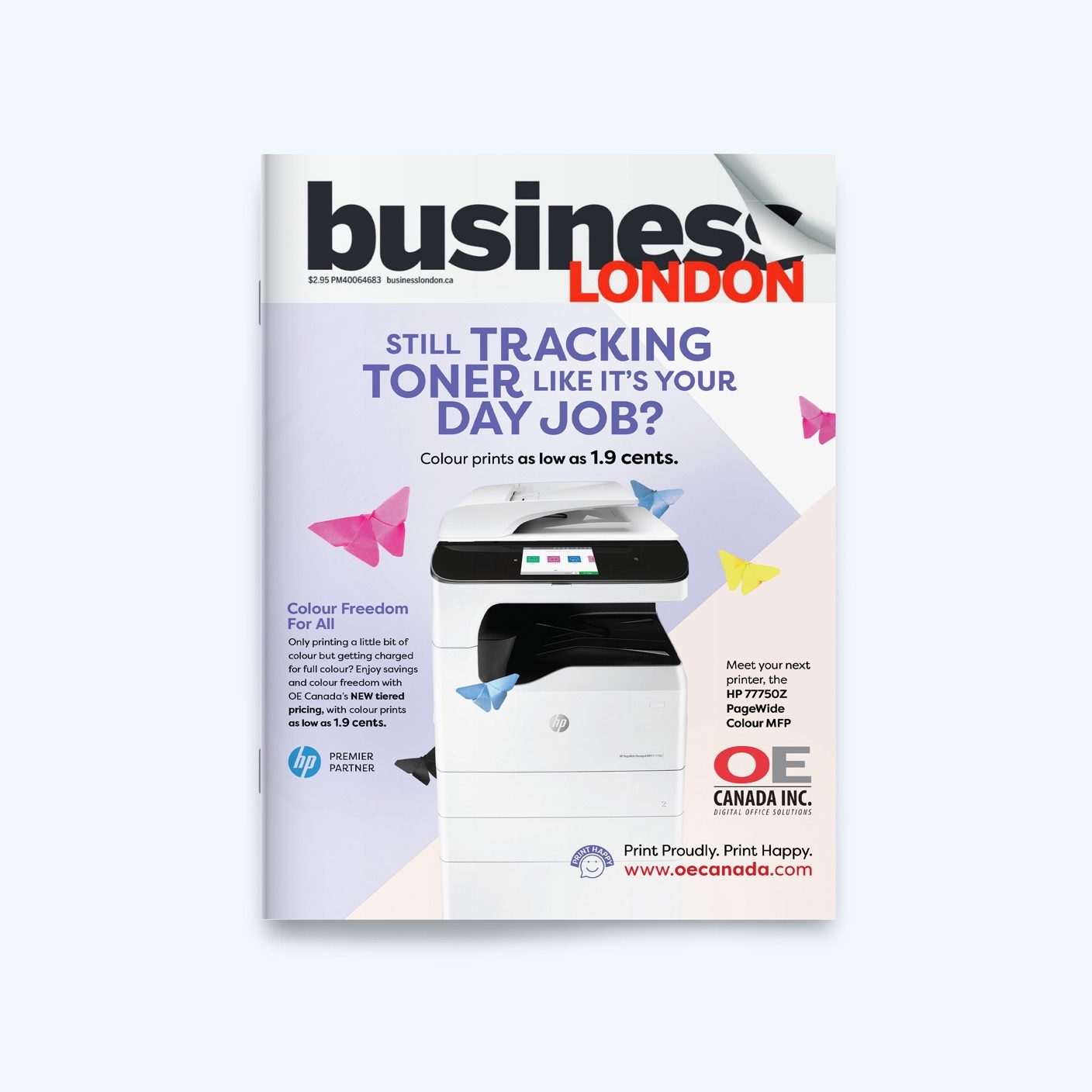 Business London Magazine with the front cover showing an OE Canada Advertisement with an industrial printer