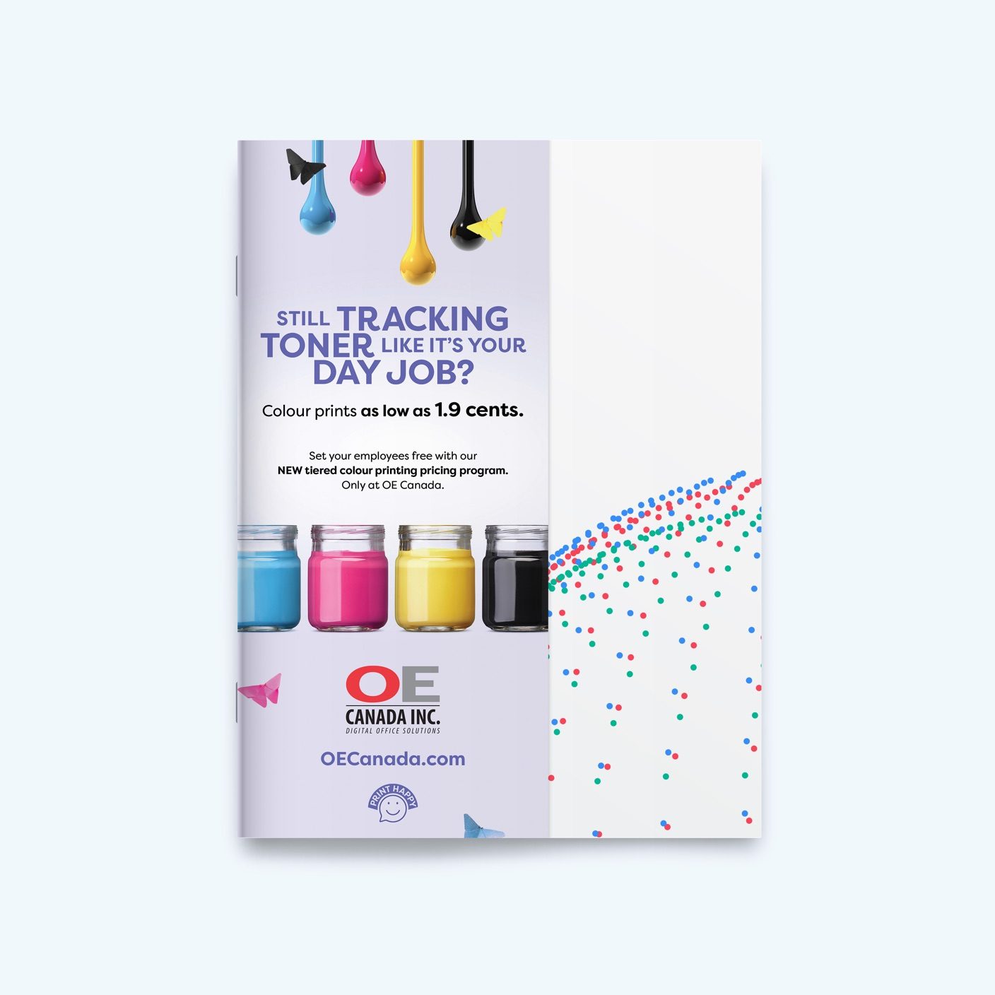 Column OE Canada ad on the front cover of a magazine, showing yellow, pink, blue and black ink in jars
