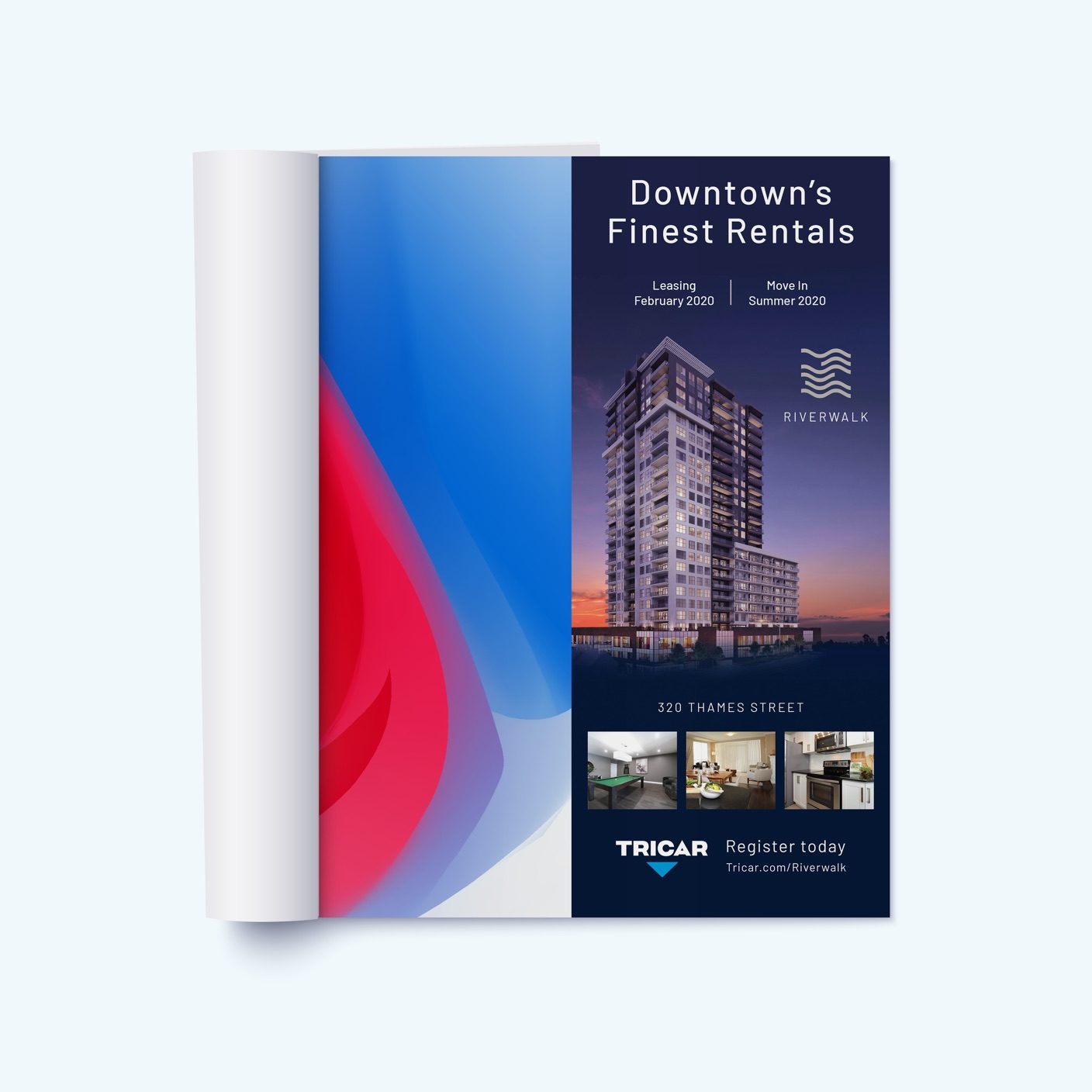 Magazine opened to a tricar column advertisement, displaying an apartment building during sunset