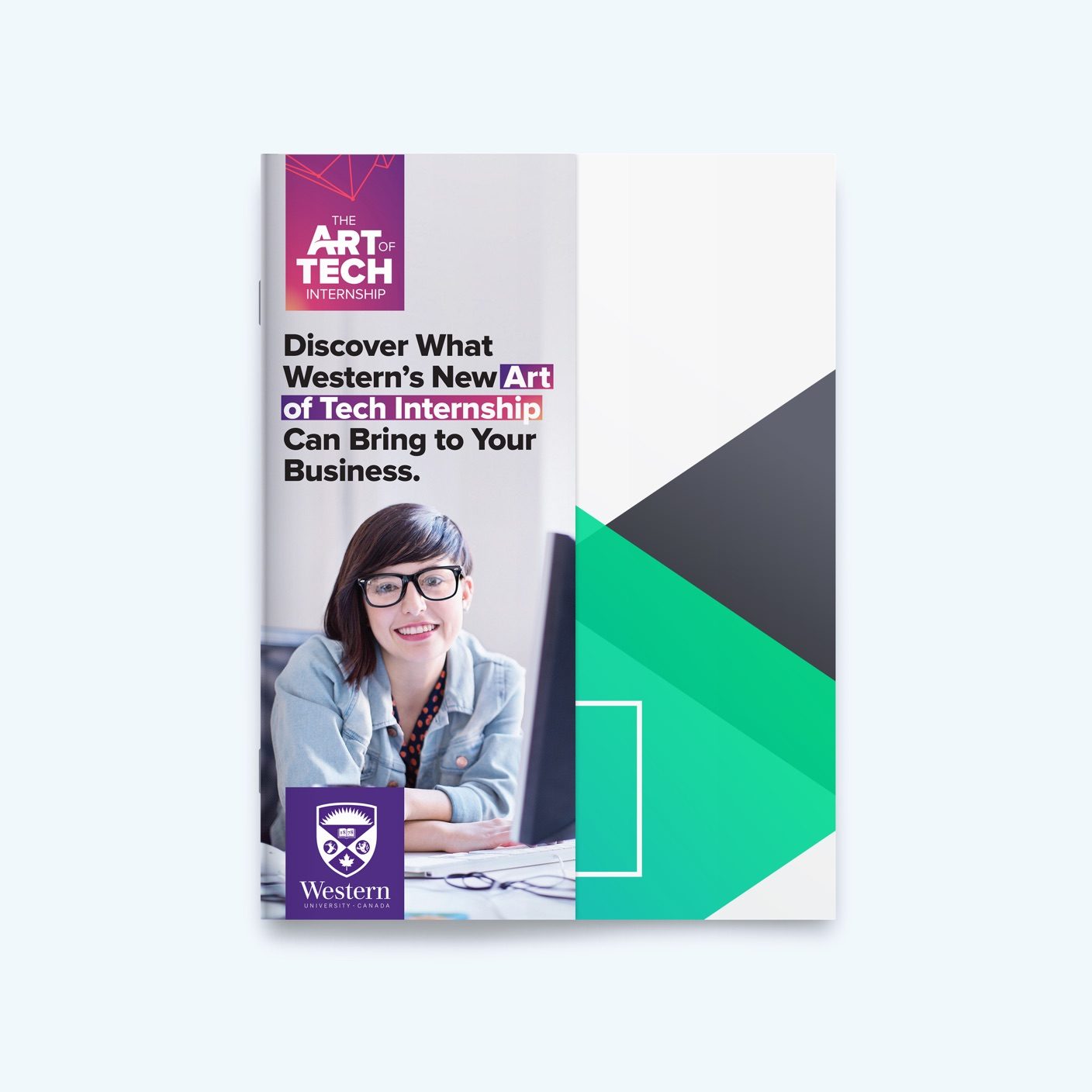 Column Art Tech Ad on the front cover of a magazine, with a young female in a denim jacket and glasses smiling at the camera