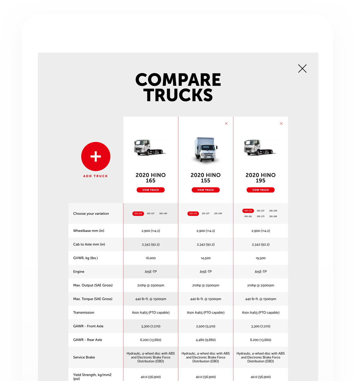 Display of Hino Motors' function to Compare Trucks on a desktop