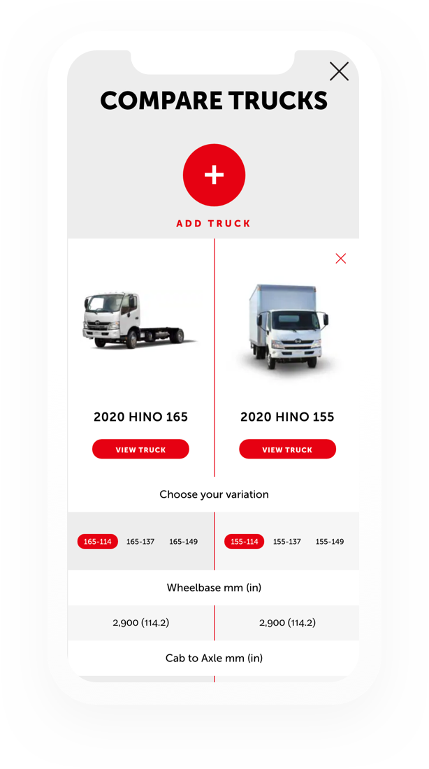 Display of Hino Motors' function to Compare Trucks on a mobile