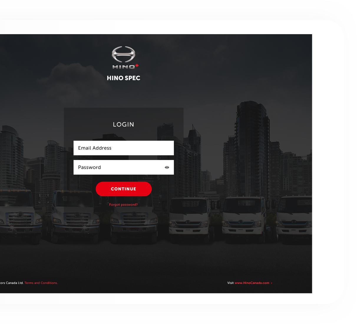 Hino Motors website loaded on the desktop to show the login page