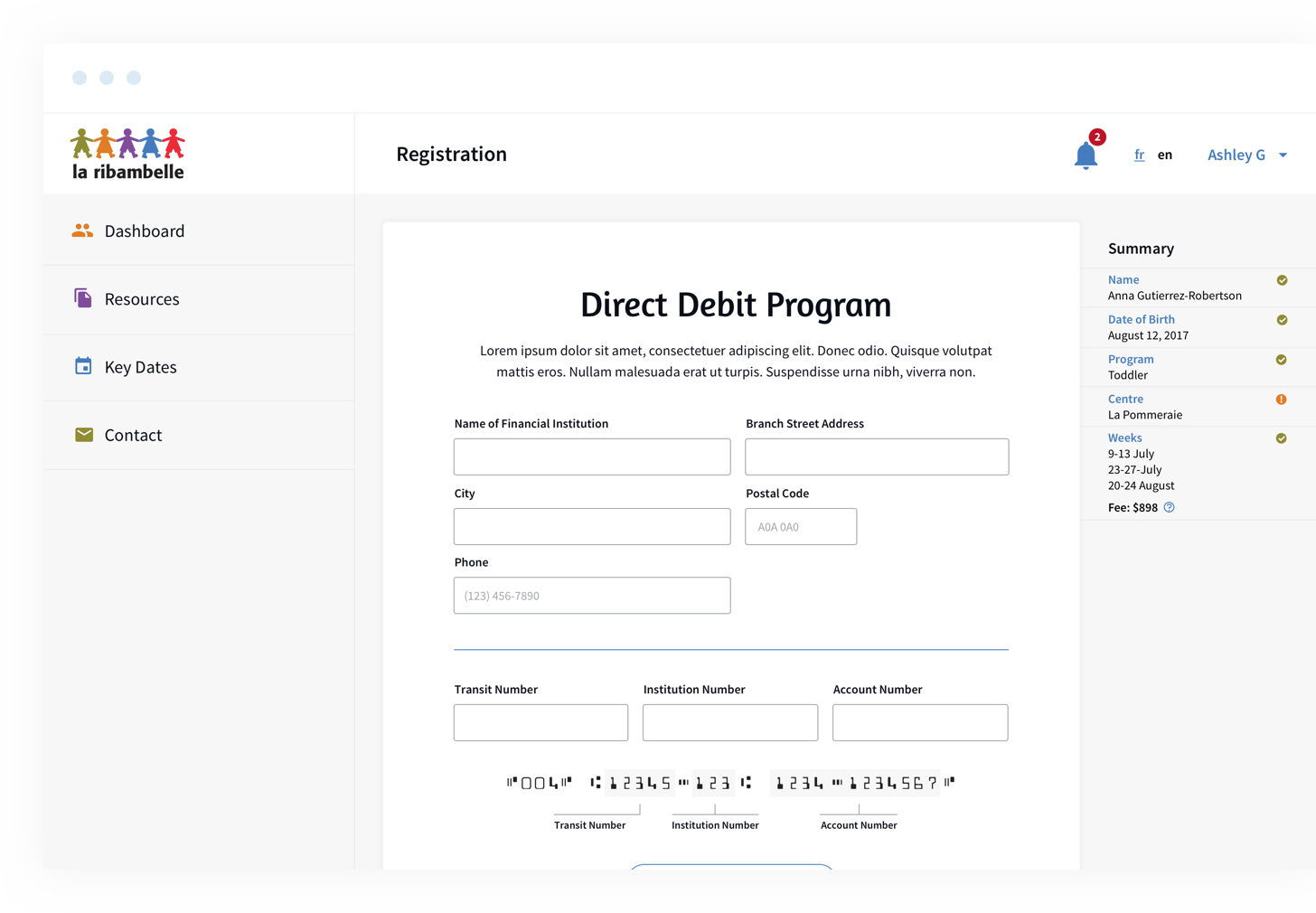 La Ribambelle registration form loaded on a desktop browser