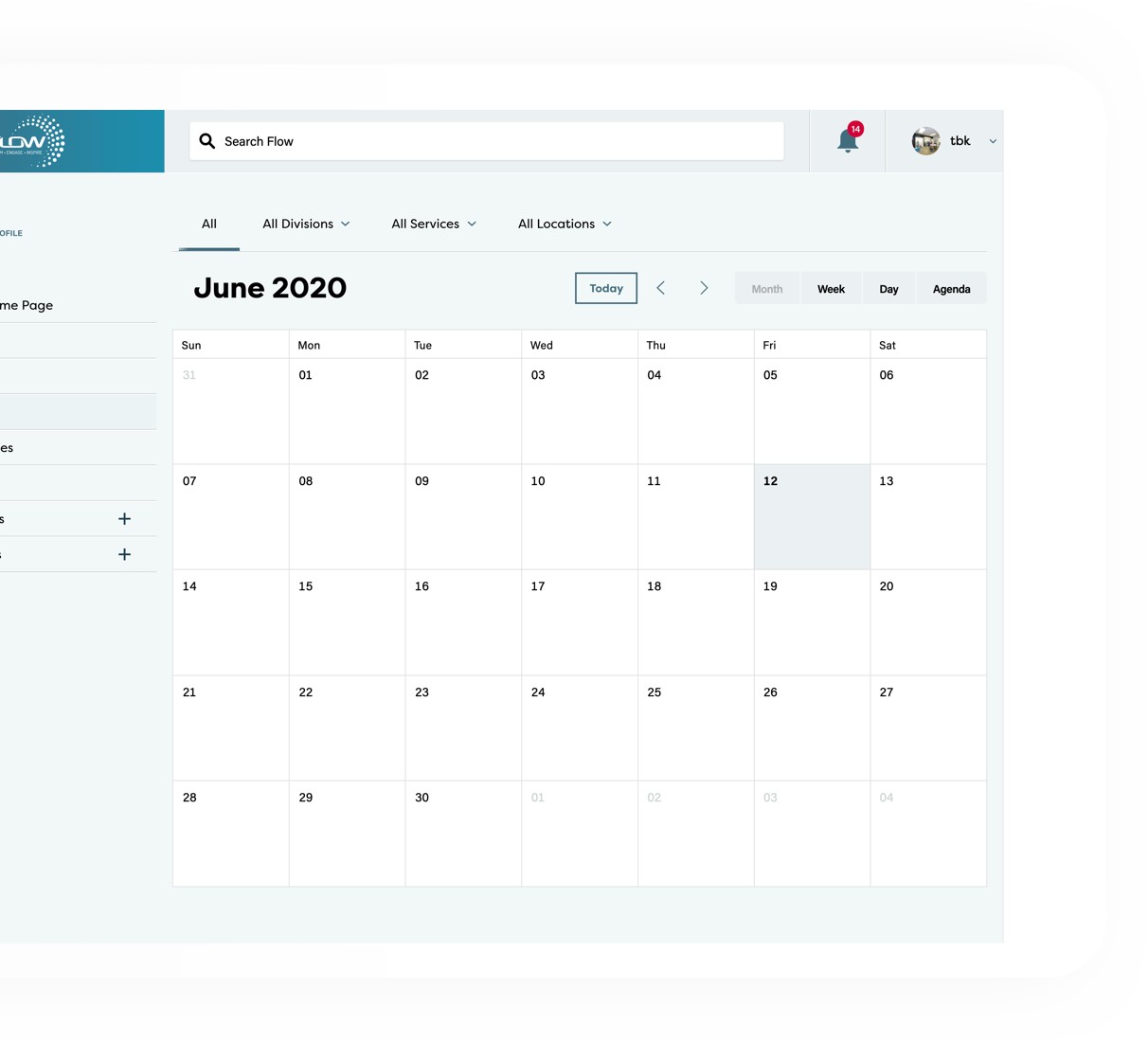Flow events calendar loaded on a desktop browser, with June 2020 loaded