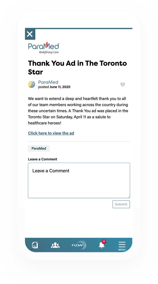 Paramed thank you ad loaded on the flow mobile application