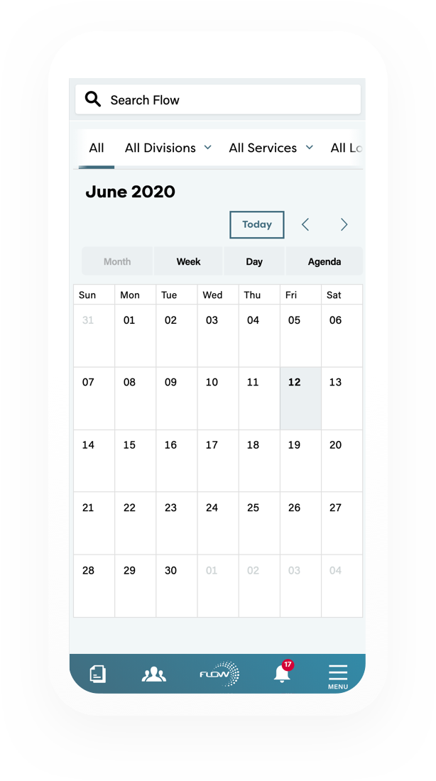 Flow Jun 2020 Calendar loaded on the mobile application