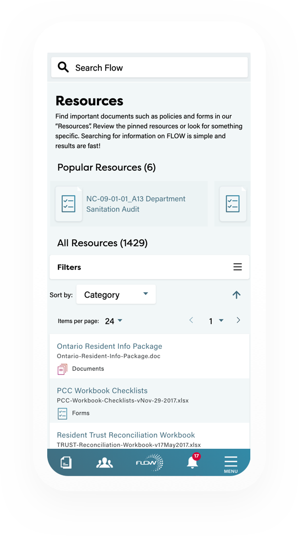 Flow resources page loaded on the mobile application