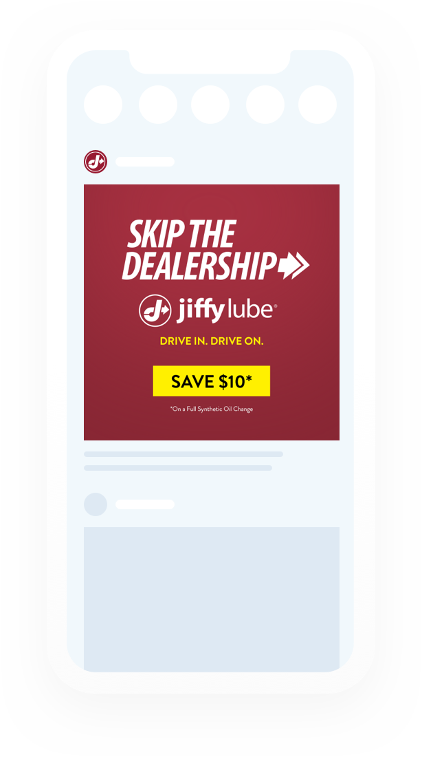 Skip the dealership a jiffy lube save $10 promotion on a mobile device layout
