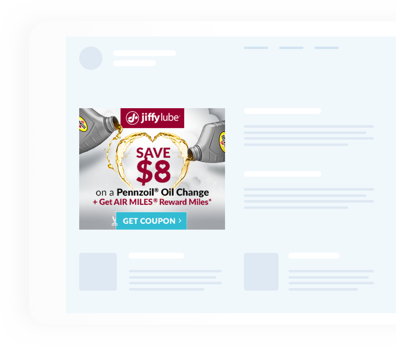Jiffy Lube save $8 promotion on a website layout