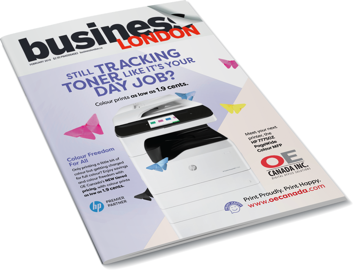 Business London Magazine front cover showing an OE Canada Canada with a printer