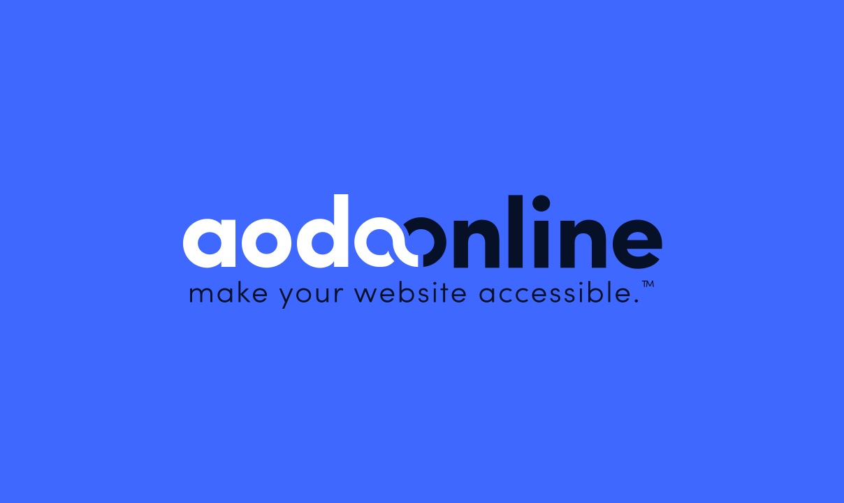 Aoda Online logo in the centre of a blue background, with "the make your website accessible" slogan underneath.