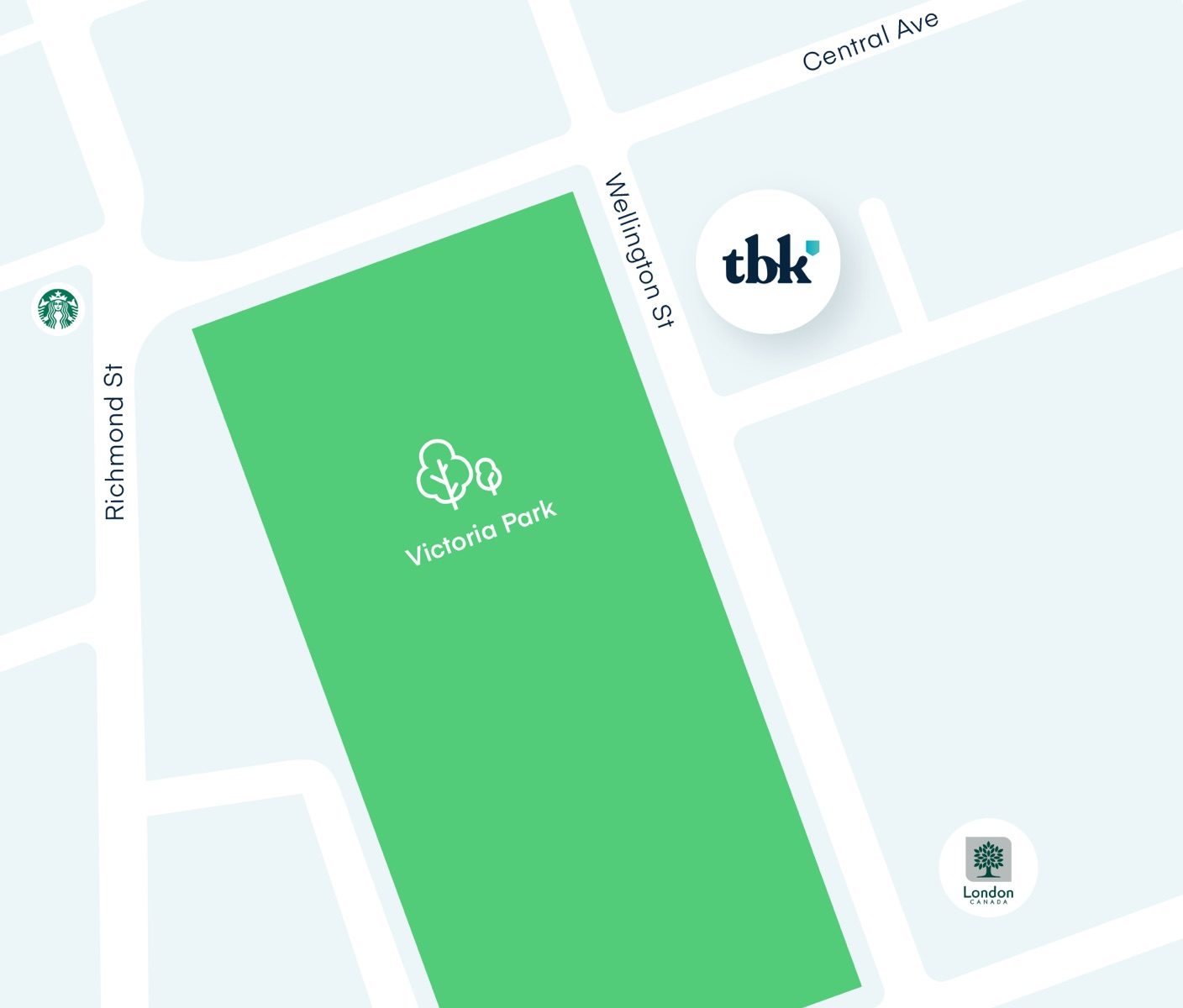 computer generated map with aerial view of street where tbk is located. tbk logo placed where the main office is.